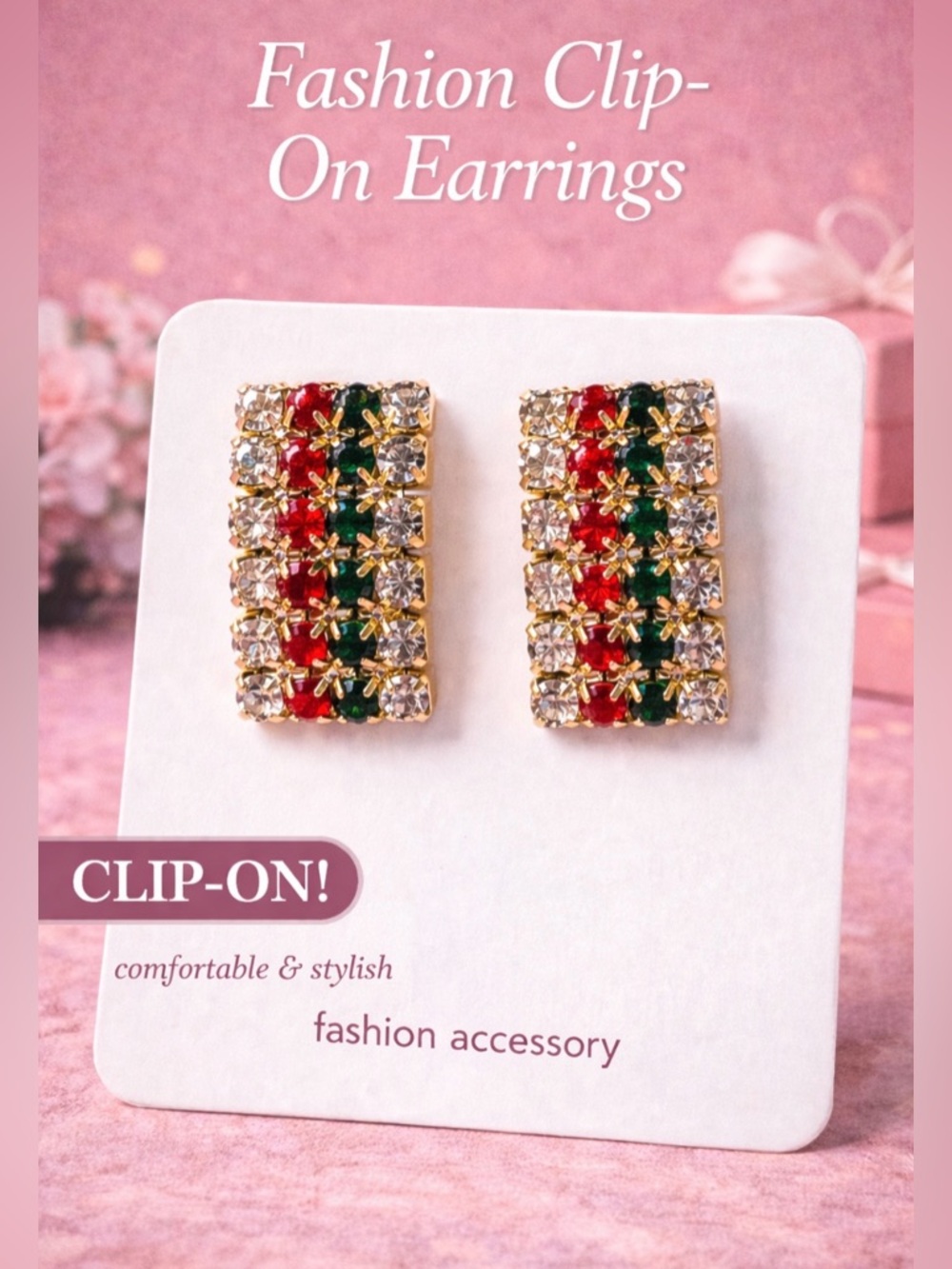 Gold-Tone Clip-On Earrings with Red and Green Crystals